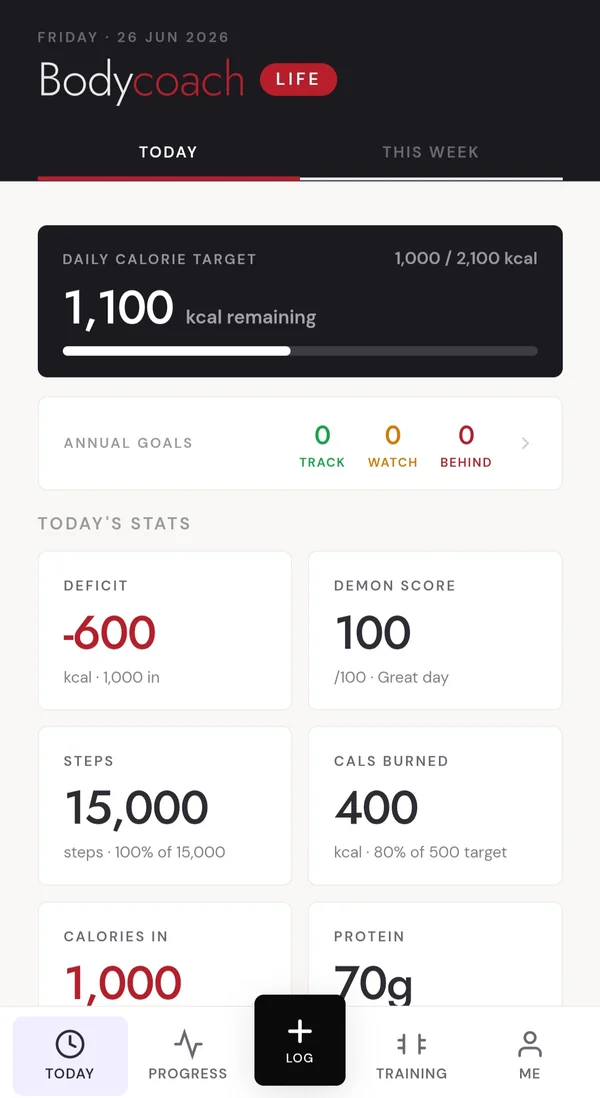 Bodycoach Life app — daily calorie tracking, steps, and stats dashboard